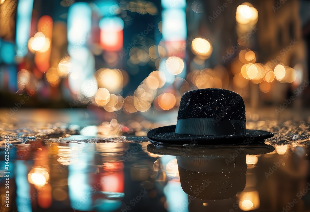 custom made wallpaper toronto digitala black fedora hat rests in a puddle reflecting the blurred lights of a city night.