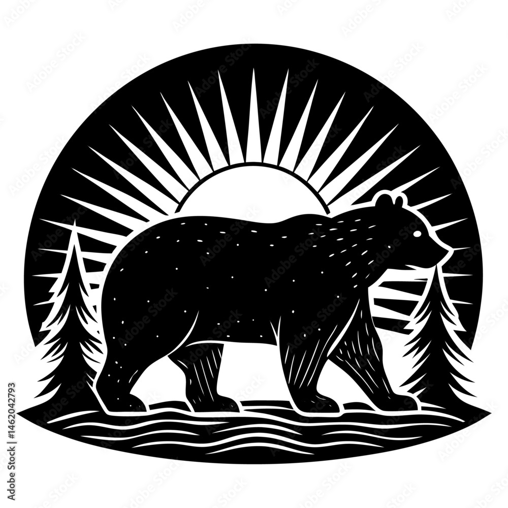 Fototapeta premium American Black Bear Silhouette Vector with Sun and Horizon Background