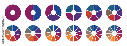 Pie chart color icons. Circle pie chart diagram. Circle section graph. Colorful diagram collection 1,2,3,4,5,6,7,8,9,10 segment infographic. Pie chart circle. Flat process cycle. Progress sectors.