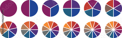 Circle pie chart diagram. Pie chart color icons. Circle section graph. 1,2,3,4,5,6,7,8,9,10 segment infographic. Colorful diagram collection. Vector illustration