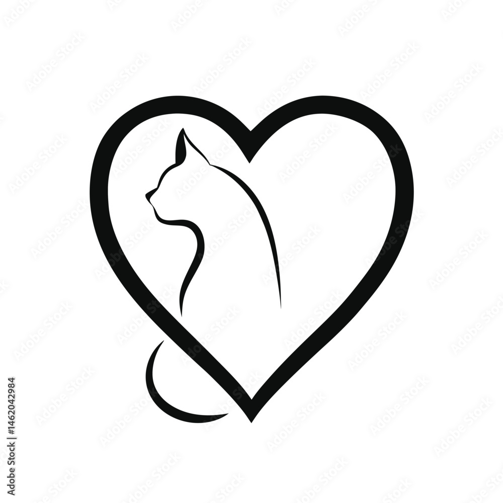 Elegant black cat silhouette within a heart symbol perfect for pet related designs. Elegant black cat silhouette within a heart symbol perfect for pet related designs.