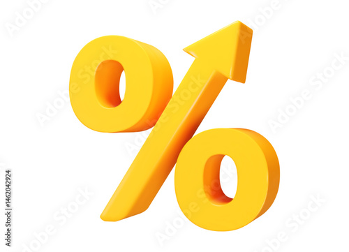3d yellow percent up icon. High percentage or growth symbol. Economic recovery sign. Stock vector illustration on isolated background. 
