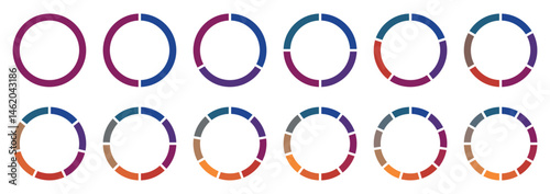 Pie chart color icons. Circle pie chart diagram. Circle section graph. 1,2,3,4,5,6,7,8,9,10 segment infographic. Colorful diagram collection. Vector illustration