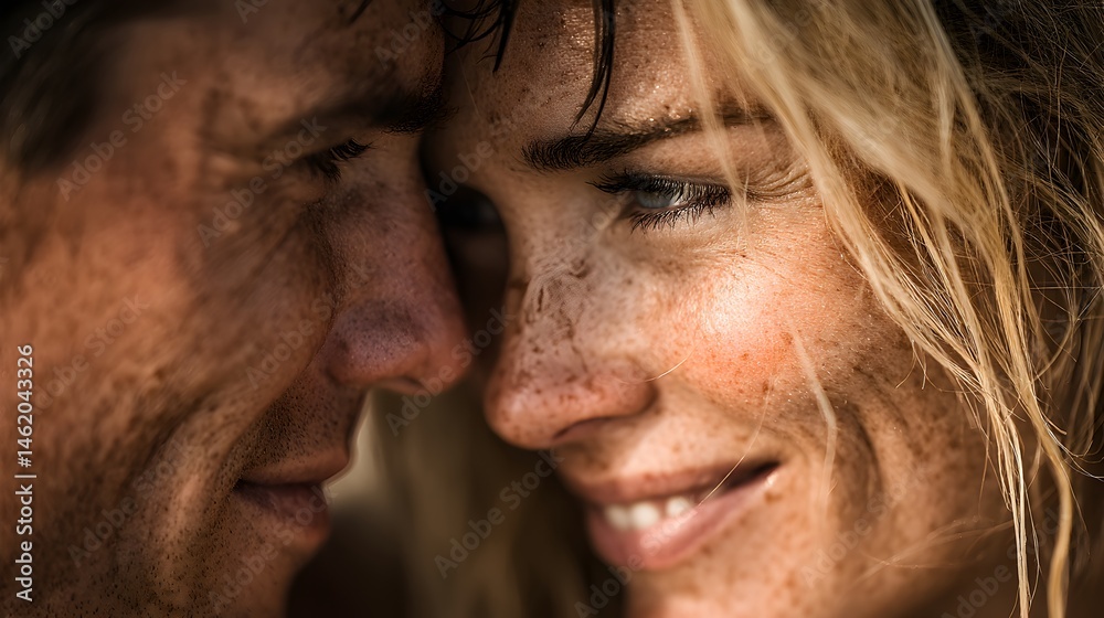 A close-up portrait shows a man and woman's faces touching, dirt smudged on their skin, conveying intimacy and shared experience. A close-up portrait shows a man and woman's faces touching, dirt smudged on their skin, conveying intimacy and shared experience.