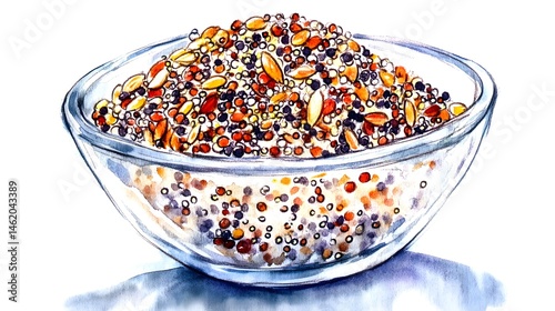 Colorful mix of grains in a glass bowl. photo