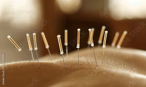 Close-up of acupuncture needles positioned on skin for therapy.