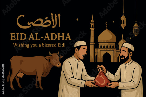 Eid al Adha Mubarak Greeting Card with Qurbani and Mosque Illustration