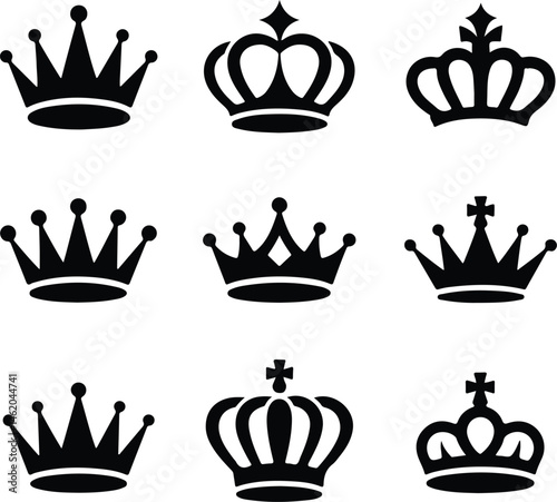 Royal Crown Silhouette Set | King & Queen Vector Icons Elegant Crown Silhouettes | Royalty Emblem Designs
