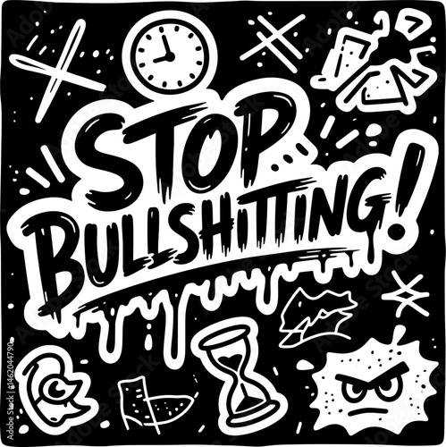 Graffiti-style sticker vector with raw brush strokes, messy doodles, and bold attitude on black background