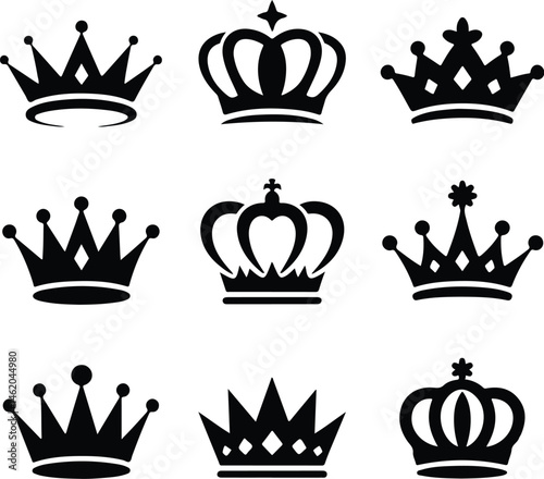 Royal Crown Silhouette Set | King & Queen Vector Icons Elegant Crown Silhouettes | Royalty Emblem Designs