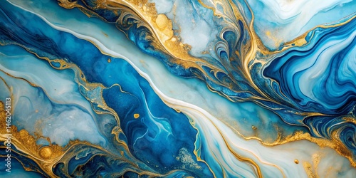 Abstract Blue Gold Marble Ink Background, Flowing Artistic Pattern, Minimalist Design