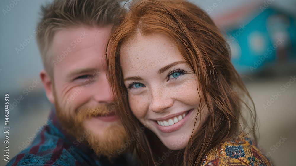 Fototapeta premium A happy young redhead woman and her bearded boyfriend smile warmly for a close-up portrait outside.