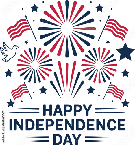 Happy Independence Day USA Patriotic Celebration Design| 4th of july typography text Fireworks, USA wavy flag | Template design for poster, banner, flyer, greeting card. Vector illustration