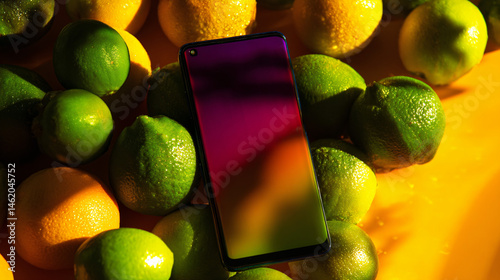 Vibrant smartphone circumvent by fresh citrus fruit fruits and limes.