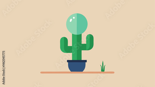 Minimalistic Design A minimalist cactus depicted with clean lines and geometric shapes. A simple round lightbulb sits at the peak glowing softly against a plain background. The