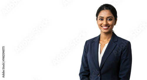 Confident Young South Asian Woman in Business Attire, Standing Solo Against a Dark Background, Radiating Professionalism and Approachability in a Corporate Environment