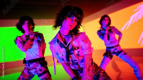 Three women in stylized costumes with vibrant green and orange lighting, central camouflage outfit focus
