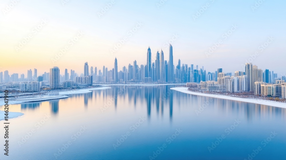 Obraz premium Modern skyscrapers reflecting on calm water at sunset, urban cityscape with clear sky, serene and futuristic architecture, and panoramic view.
