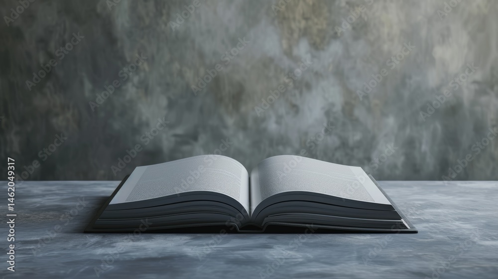 Open Book Rests on a Gray Surface Against a Grunge Wall Background