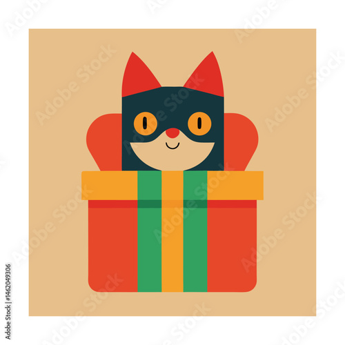 Adorable cartoon cat appearing from a wrapped gift box celebration and festive greeting