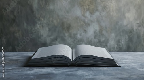 Obraz na płótnie Open Book Rests on a Gray Surface Against a Grunge Wall Background w salonie