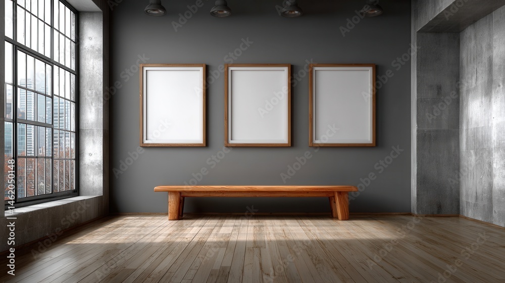 Fototapeta premium Modern art gallery interior featuring empty frames and wooden bench near large window