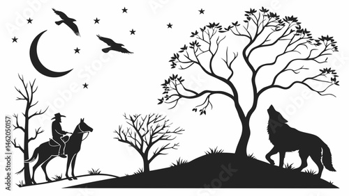 African savanna, lone tree, wolf howling, elephant, crescent moon