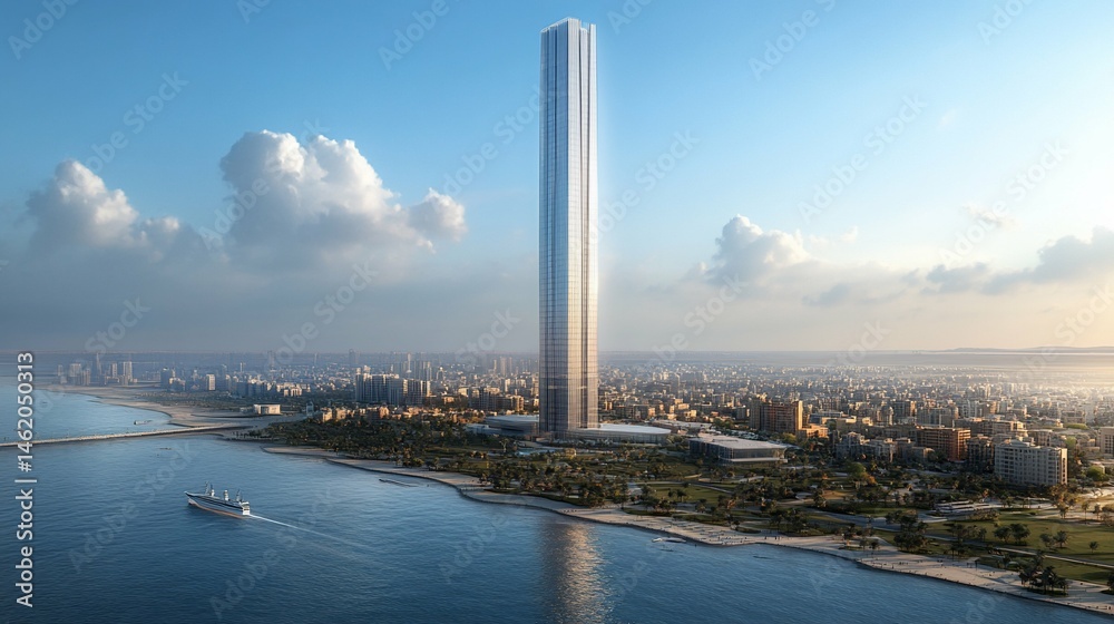 Obraz premium Coastal Cityscape with Soaring Skyscraper