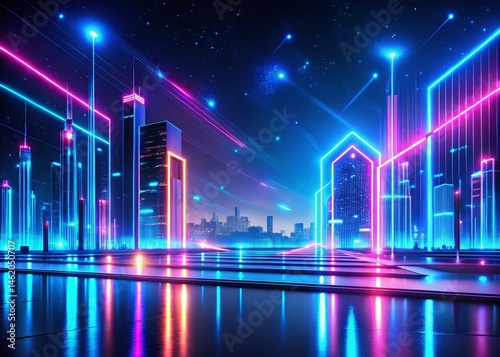 Abstract Futuristic Neon Blue Glow, Dark Background Night Photography Stock Photo