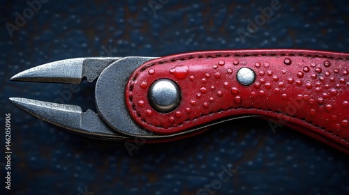 A close-up view captures the intricate details of a red leather-handled nipper tool on a textured surface.