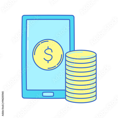 Mobile Payment Doodle style, smartphone screen with coin icon and stacks, great for fintech, digital banking, or online payment designs.