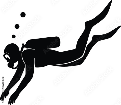 Hand-drawn scuba diver silhouettes vector illustration depicts a scuba diver 