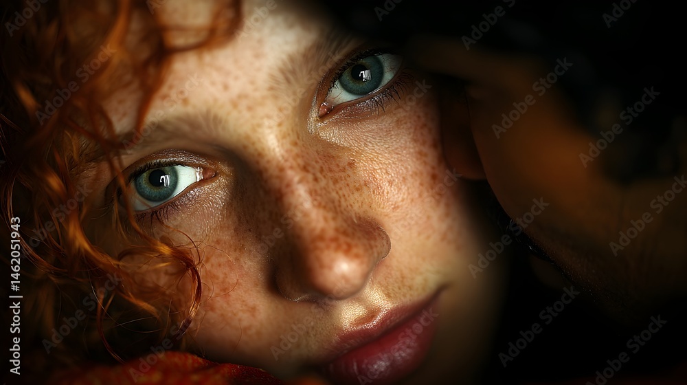 A close-up portrait of a young woman with freckles and vibrant red curly hair looking intently at the camera in low light. A close-up portrait of a young woman with freckles and vibrant red curly hair looking intently at the camera in low light.