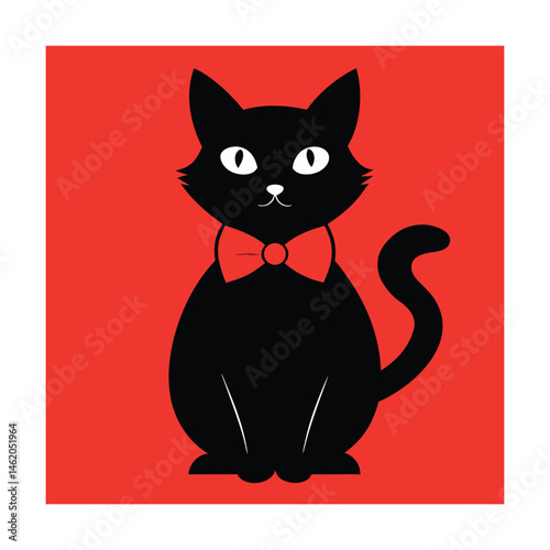 Simple illustration of a black cat wearing a red bow tie on a bold red background