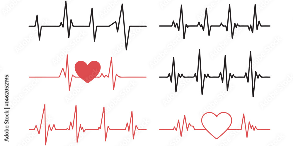 heart bit line set vector silhouettes Heart Rate Monitor Waveforms with Red and Black Hearts, Heart Rate Monitor Waveforms with Heart Icons, Heart Rate Monitor with Different Heart Icons heart bit line set vector silhouettes Heart Rate Monitor Waveforms with Red and Black Hearts, Heart Rate Monitor Waveforms with Heart Icons, Heart Rate Monitor with Different Heart Icons