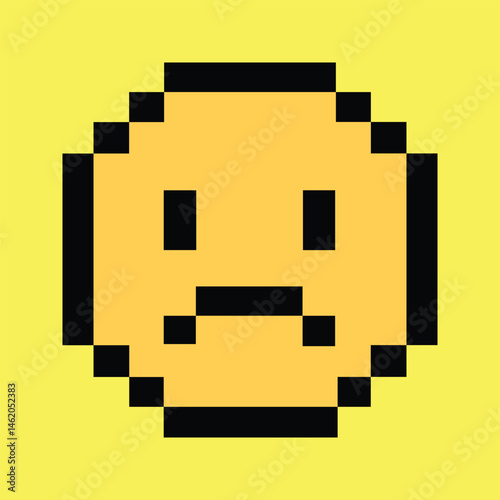 Retro 8-bit sad face icon on vibrant neon yellow pixel background