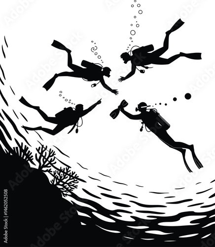 Hand-drawn scuba diver silhouettes vector illustration depicts a scuba diver 