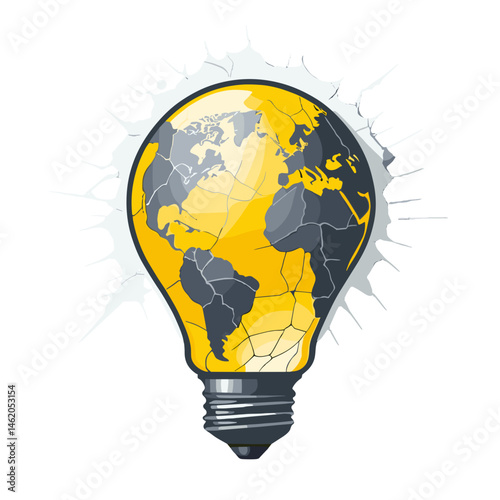 Cracked light bulb globe, creative design, yellow and grey continents, concept of ideas