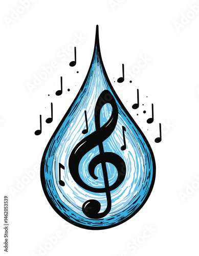 Music water drop illustration, creative design, blue tones, musical notes concept
