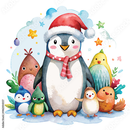 a watercolor penguin in a Santa hat, nestled among other watercolor winter characters on white  background