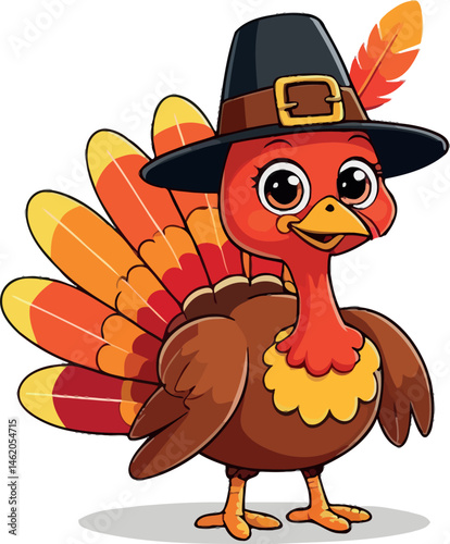 A cute cartoon turkey character with a pilgrim hat is a funny vector illustration for a happy Thanksgiving holiday