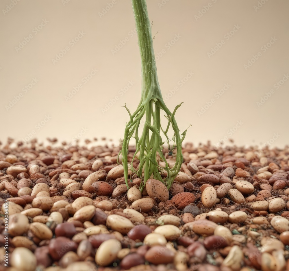 Close-up of bean seed splitting open, revealing root and stem, stem, natural, growth
