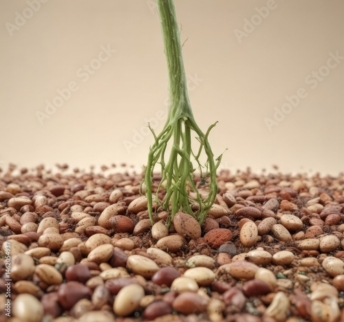 Close-up of bean seed splitting open, revealing root and stem,  stem,  natural,  growth