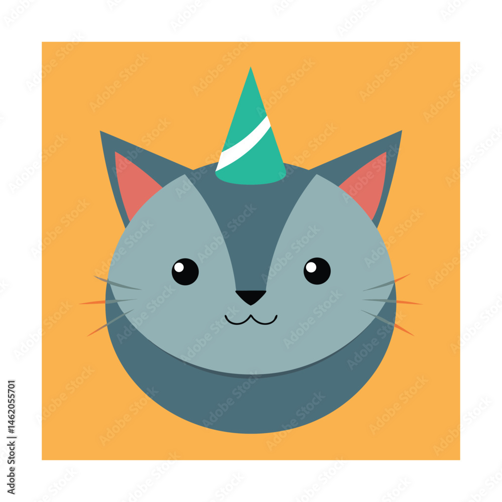 Obraz premium Cute cat head wearing party hat with playful illustration in a colorful square