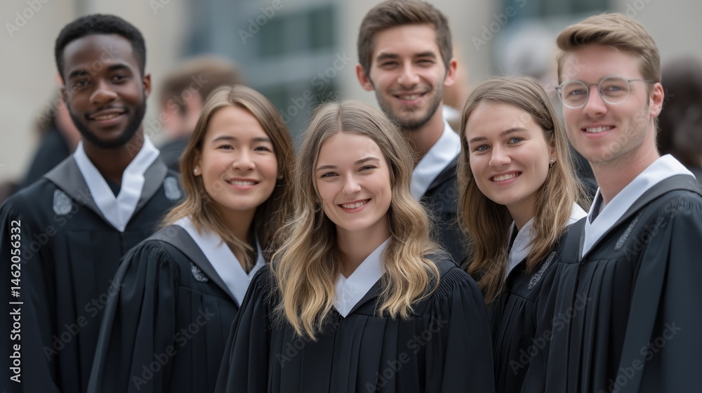 Fototapeta premium Group of smiling students in graduation attire stand together, celebrating their academic achievements outside a university building on a bright day