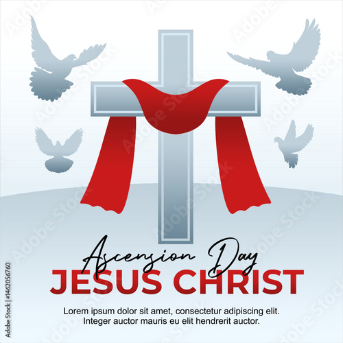 Ascension day of Jesus Christ Cross with Red Cloth and dove vector illustration. Perfect for cards, banners, posters, social media and more. 