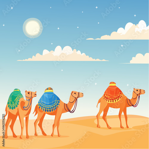 A caravan of camels adorned with colorful fabrics and ornaments, traversing the golden sands of a desert under a clear blue sky, symbolizing the journey of Hajj