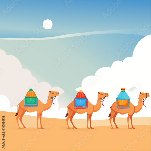 A caravan of camels adorned with colorful fabrics and ornaments, traversing the golden sands of a desert under a clear blue sky, symbolizing the journey of Hajj