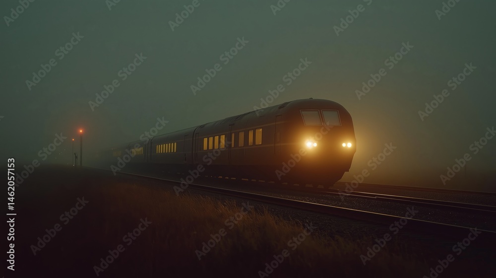Naklejka premium Train in Fog: A lone train cuts through a dense fog, its headlights piercing the gloom, creating a mysterious and atmospheric scene. 