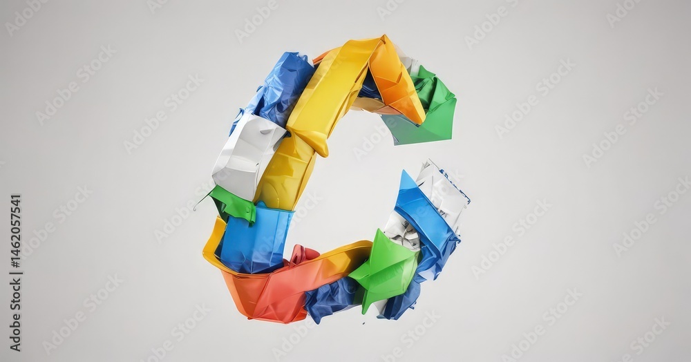 Close-up of a single, colorful recycling symbol isolated on white , abstract, reduce